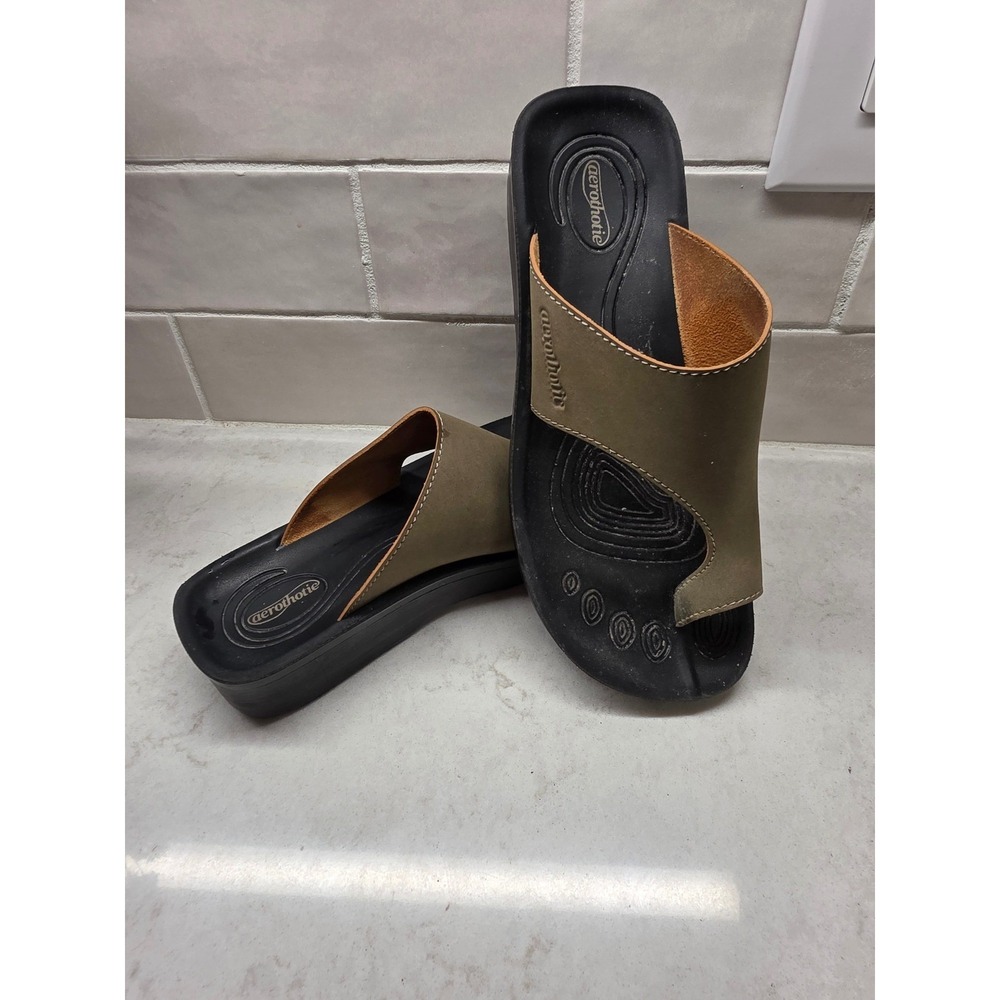 Aerothotic Womens Orthotic Comfort Toe Loop Slide Sandals Olive Green Size 36